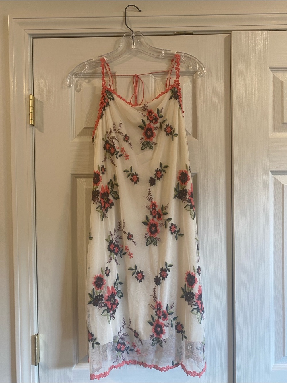 Chelsea & Violet Cream Slip Dress with Pink Floral Embroidery